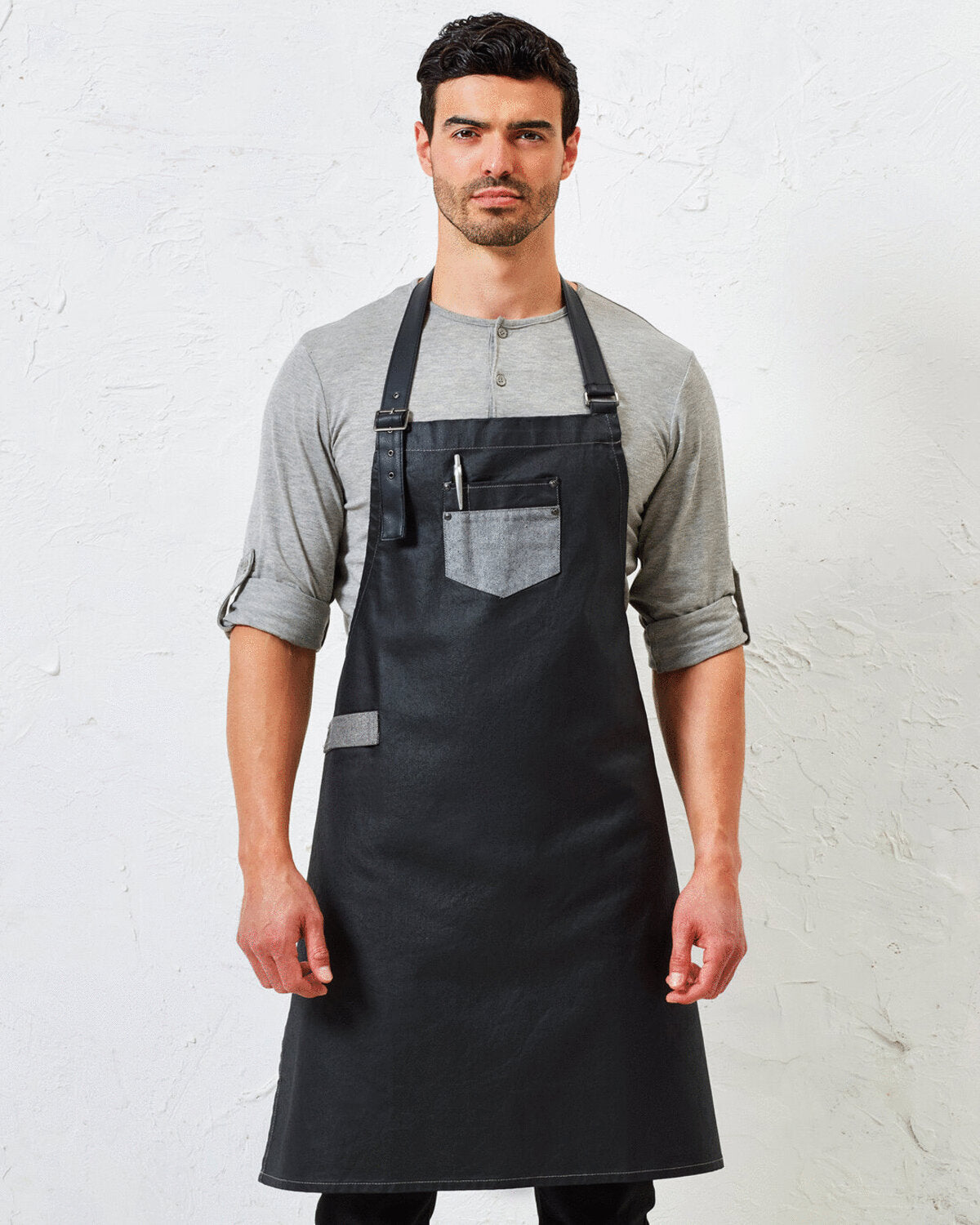 District Waxed look Denim bib apron  with faux leather (PR136)