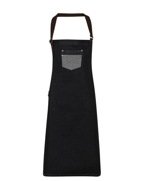 District Waxed look Denim bib apron  with faux leather (PR136)