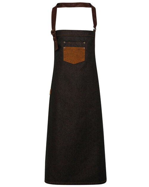 District Waxed look Denim bib apron  with faux leather (PR136)