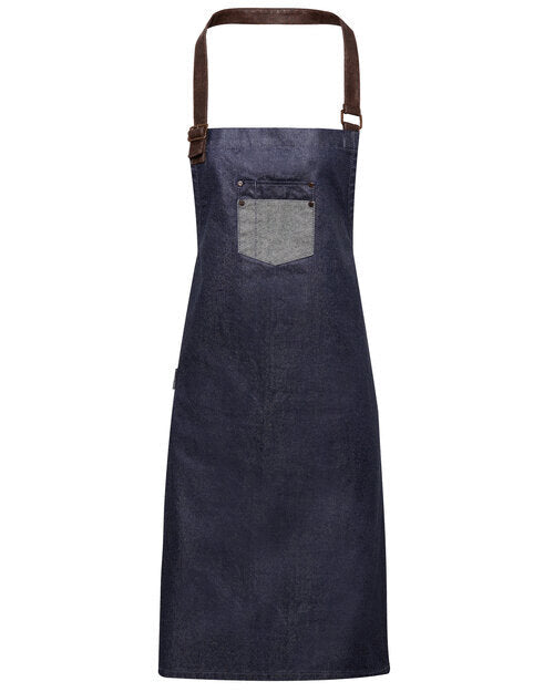 District Waxed look Denim bib apron  with faux leather (PR136)