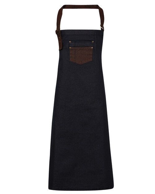 District Waxed look Denim bib apron  with faux leather (PR136)